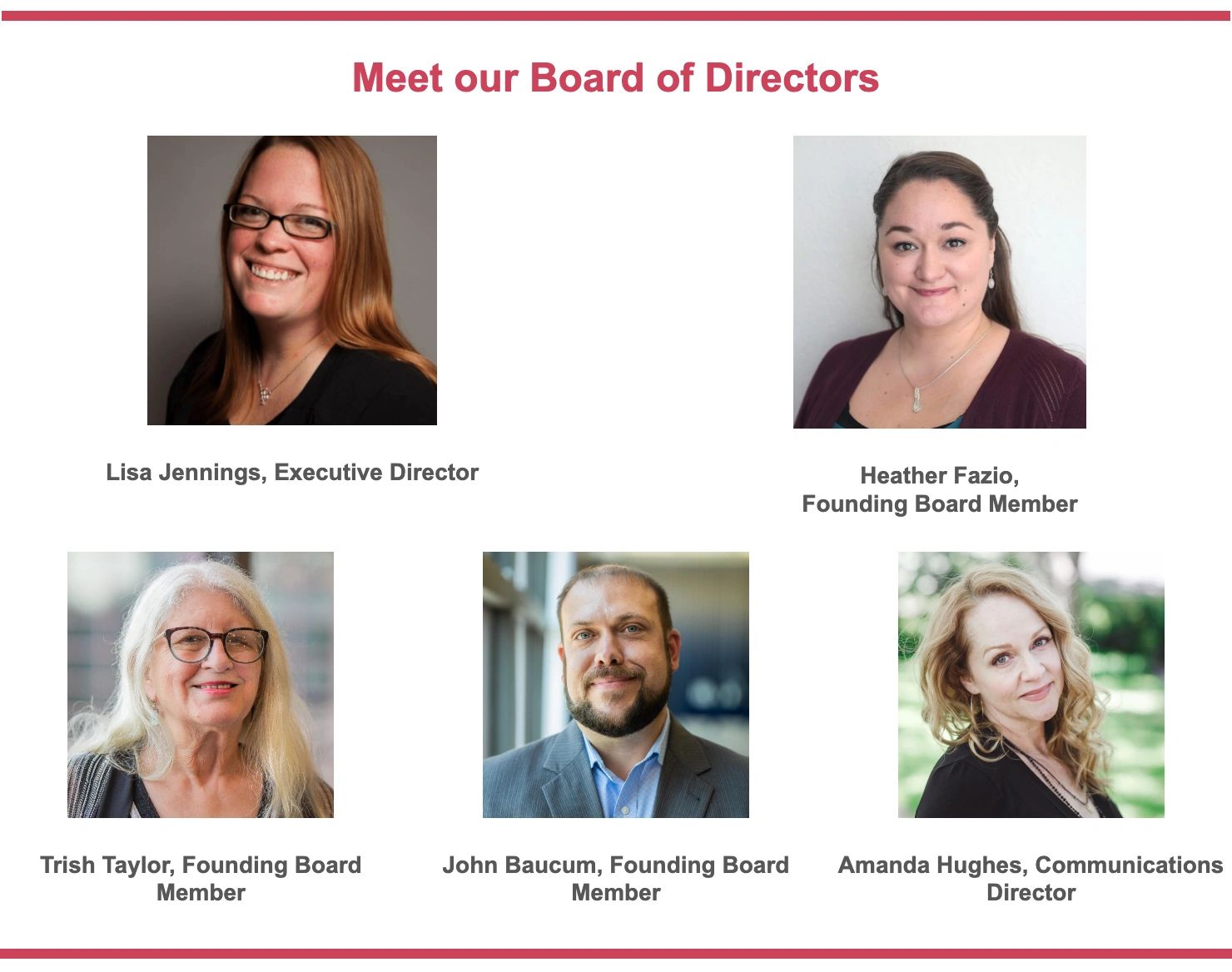 Meet our Board of Directors: Lisa Jennings, executive director; Heather Fazio, founding board member; Trish Taylor, founding board member; John Baucum, founding board member; and Amanda Hughes, communications director
