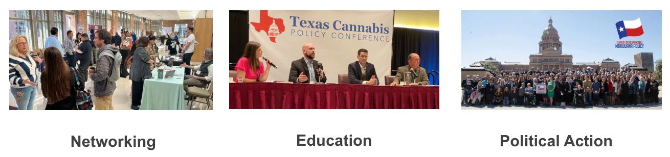 Three conference photos labeled Networking, Education and Political Action