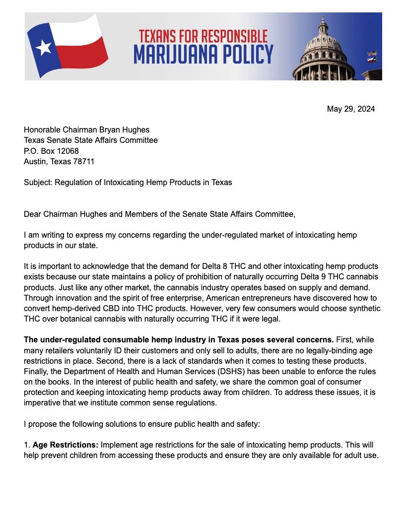 First page of Heather Fazio’s May 29, 2024, letter to the Senate State Affairs Committee on regulating intoxicating hemp products
