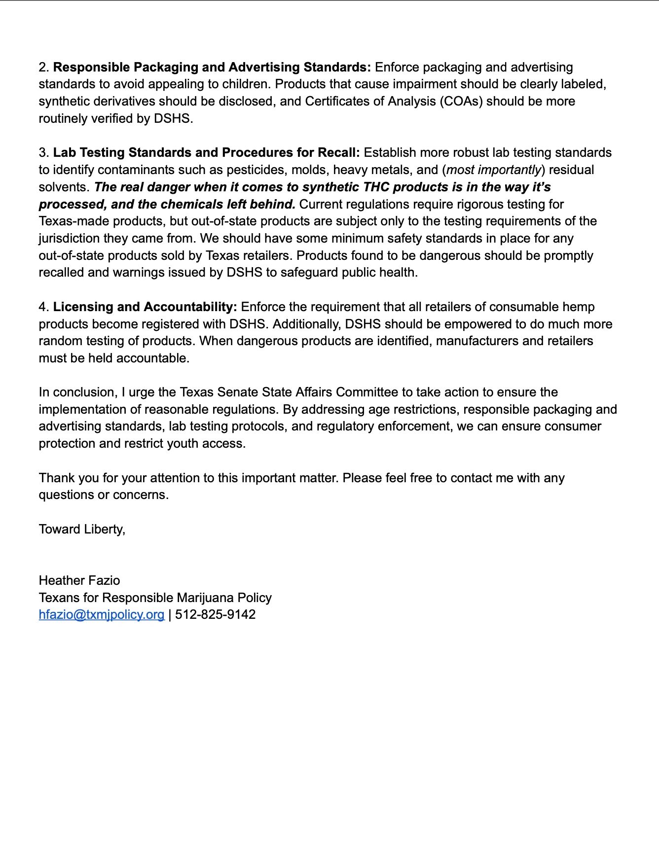 Second page of Heather Fazio’s May 29, 2024, letter to the Senate State Affairs Committee