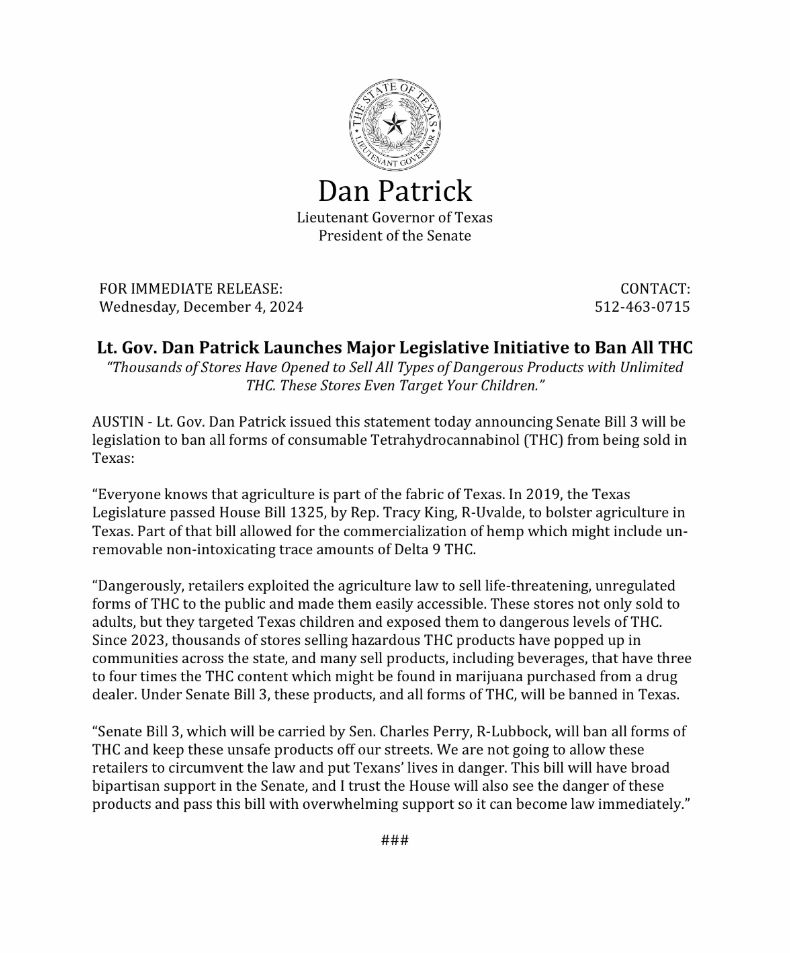 News release from Lt. Gov. Dan Patrick, Dec. 4, 2024, announcing a legislative initiative to ban all THC