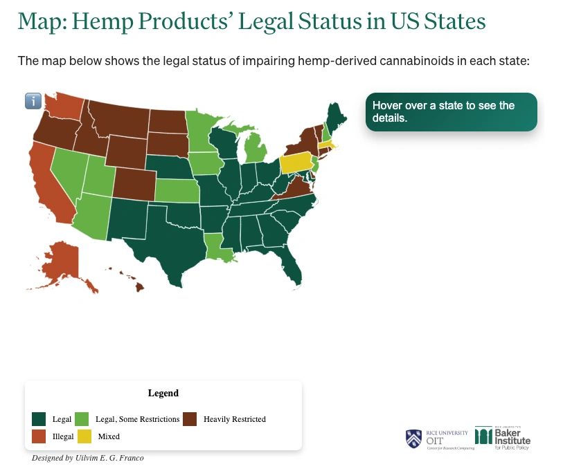 Baker Institute map showing the legal status of hemp products in each U.S. state