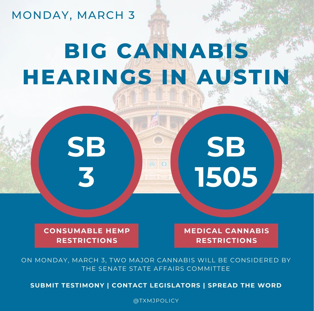 Graphic: Big cannabis hearings in Austin on Monday, March 3, 2025: SB 3 on consumable hemp restrictions and SB 1505 on medical cannabis restrictions