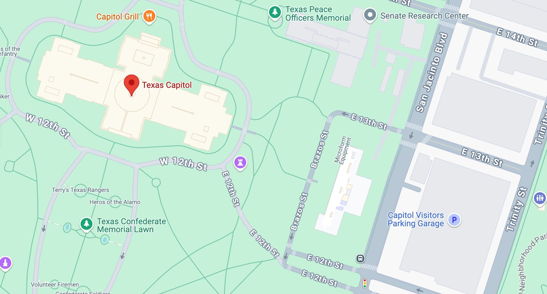 Map showing the location of the Texas Capitol in Austin