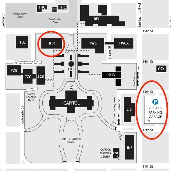 Map of the Texas Capitol Complex with the John H. Reagan Building and the visitors parking garage circled