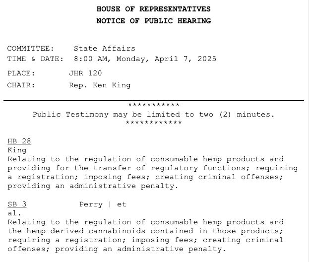 House notice of public hearing: Committee on State Affairs, 8 a.m. Monday, April 7, 2025, room JHR 120, to consider HB 28 and SB 3