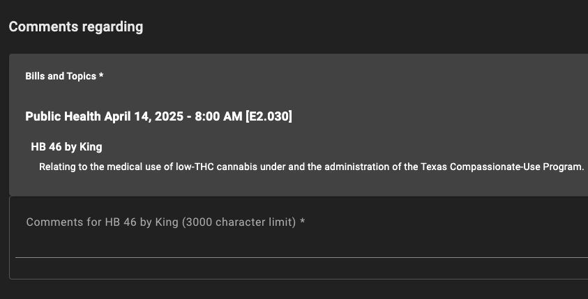 The Texas House online public comment form for HB 46