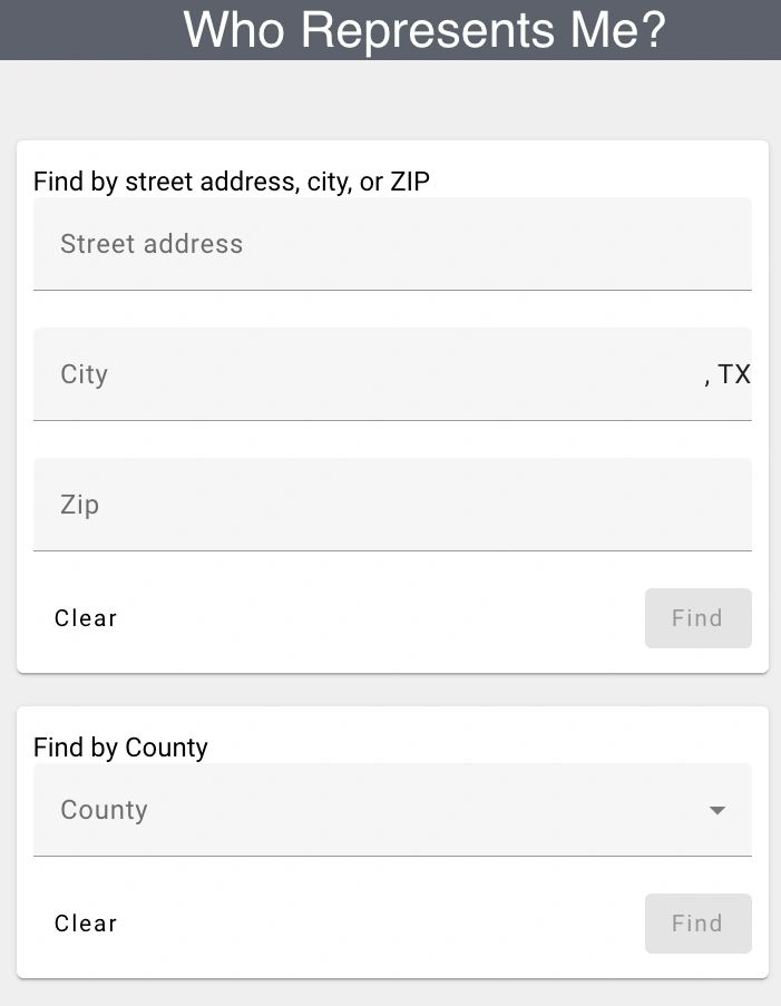 The Who Represents Me? lookup form on the Texas Legislature’s website