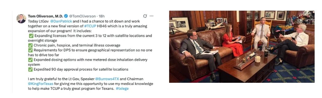 Post on X by Rep. Tom Oliverson describing the agreement with Lt. Gov. Dan Patrick on HB 46, with a photo of four people meeting in an office