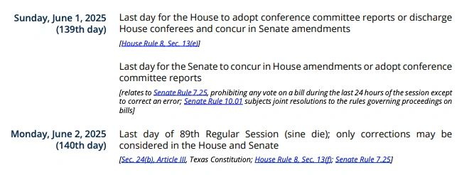 Texas legislative calendar excerpt for June 1-2, 2025, the last days of the regular session