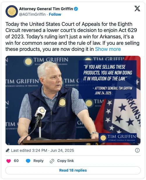 Post on X by Arkansas Attorney General Tim Griffin about the 8th Circuit ruling on the state’s THC product ban