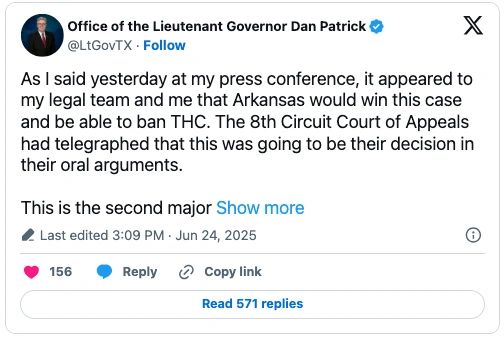 Post on X by the office of Lt. Gov. Dan Patrick about the Arkansas court ruling