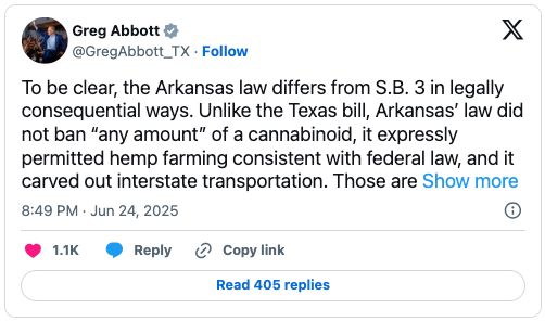 Post on X by Gov. Greg Abbott saying the Arkansas law differs from Senate Bill 3