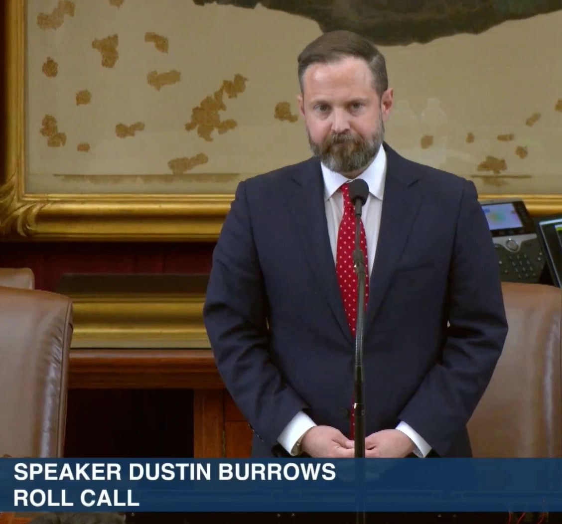 Video still of Speaker Dustin Burrows during a roll call in the Texas House