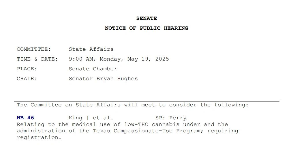 Senate notice of public hearing: Committee on State Affairs, 9 a.m. Monday, May 19, 2025, to consider HB 46