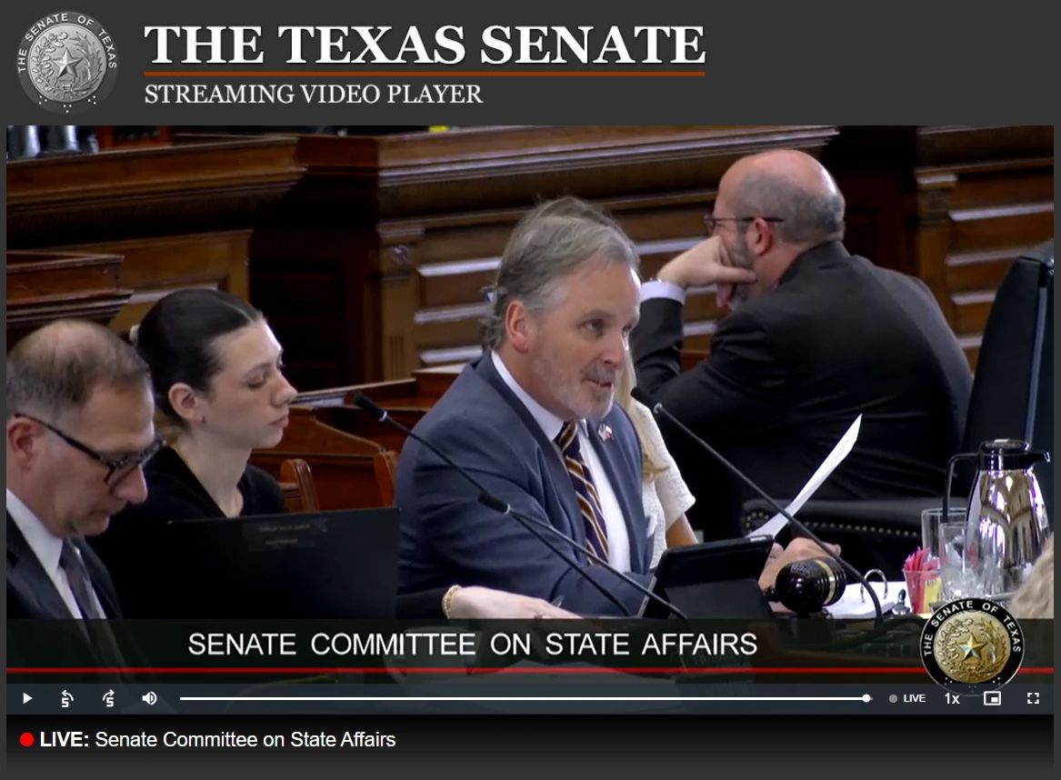 Video still from the Senate Committee on State Affairs hearing