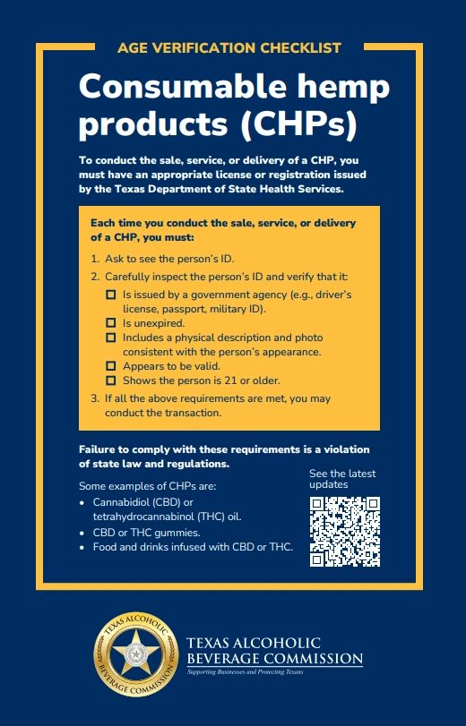 TABC poster: Age verification checklist for consumable hemp products