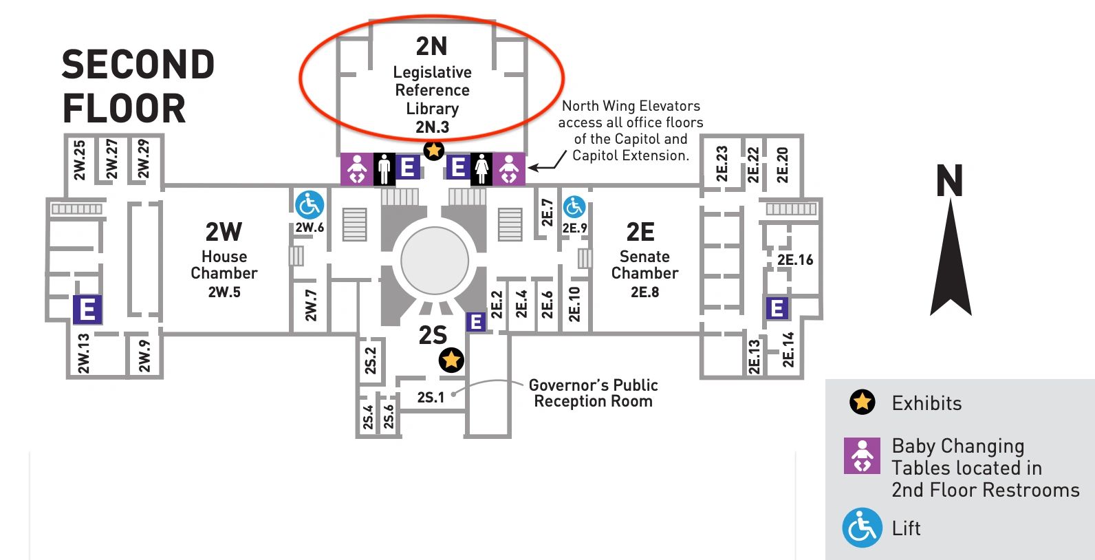 Floor plan of the Texas Capitol’s second floor with the Legislative Reference Library, room 2N.3, circled