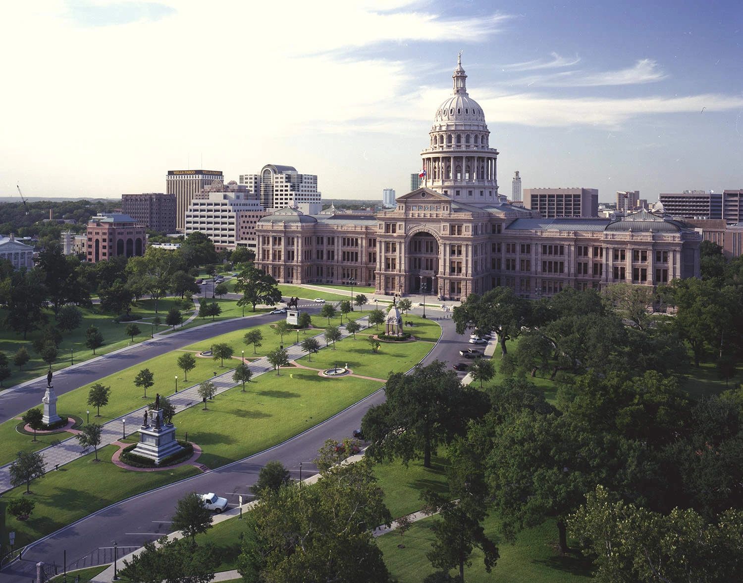 Aerial view of the Texas Capitol and its grounds