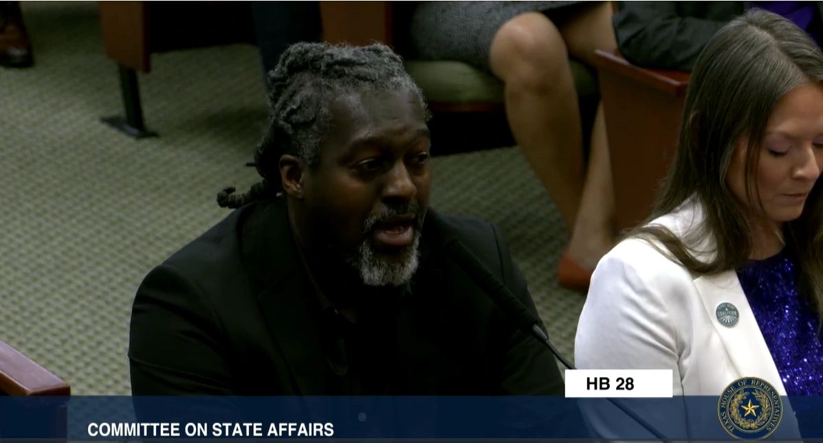 Video still of Trevon Ferguson testifying on HB 28 before the House Committee on State Affairs