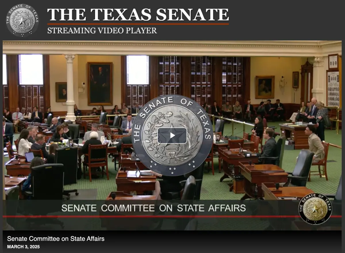 The Texas Senate’s video player showing the Senate Committee on State Affairs in session