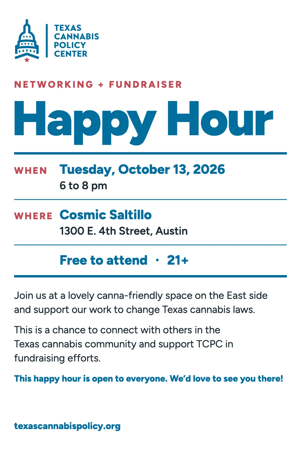 Flier: TCPC Happy Hour, a networking event and fundraiser, Tuesday, October 13, 2026, 6 to 8 p.m. at Cosmic Saltillo, 1300 E. 4th Street, Austin. Free to attend, 21 and older.